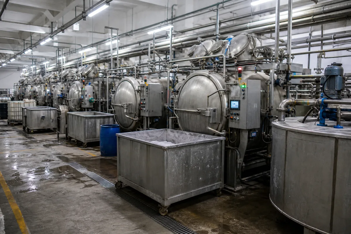 Industrial dyeing machines in a textile dyeing facility