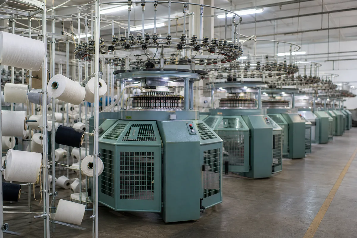 Circular knitting machines on a textile factory floor