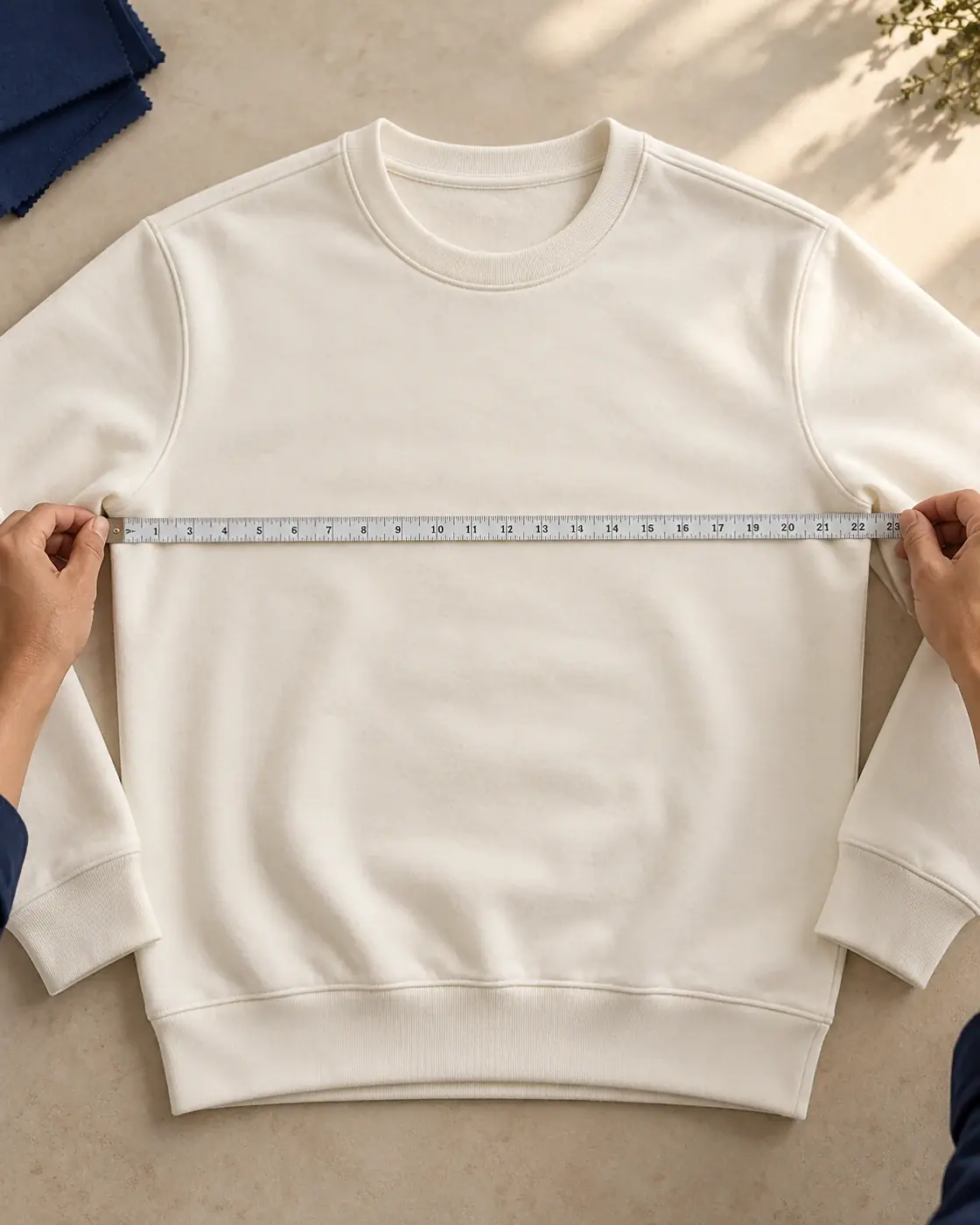 Measuring the chest width of an ivory T-shirt