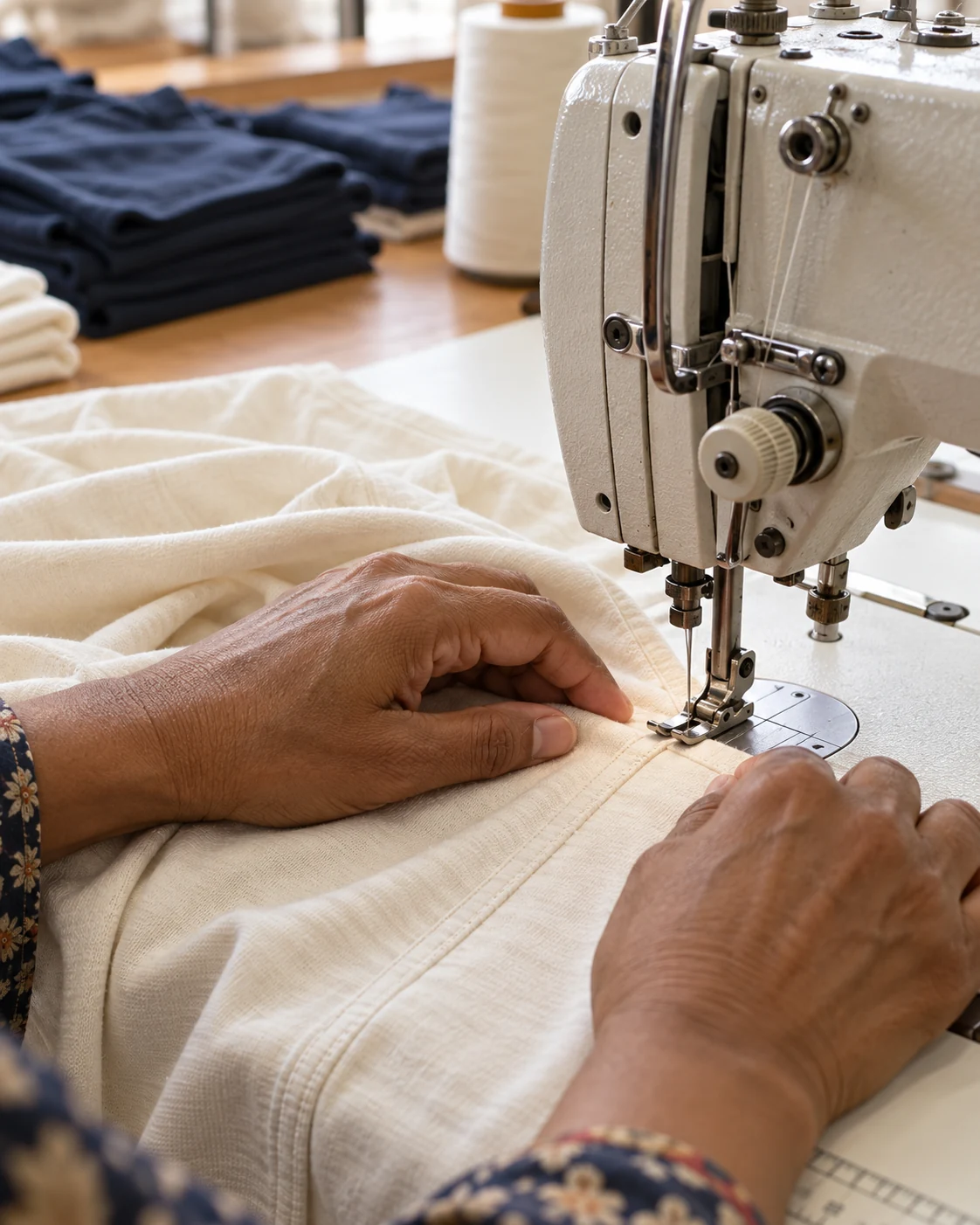 Garment maker stitching ivory cotton knit fabric