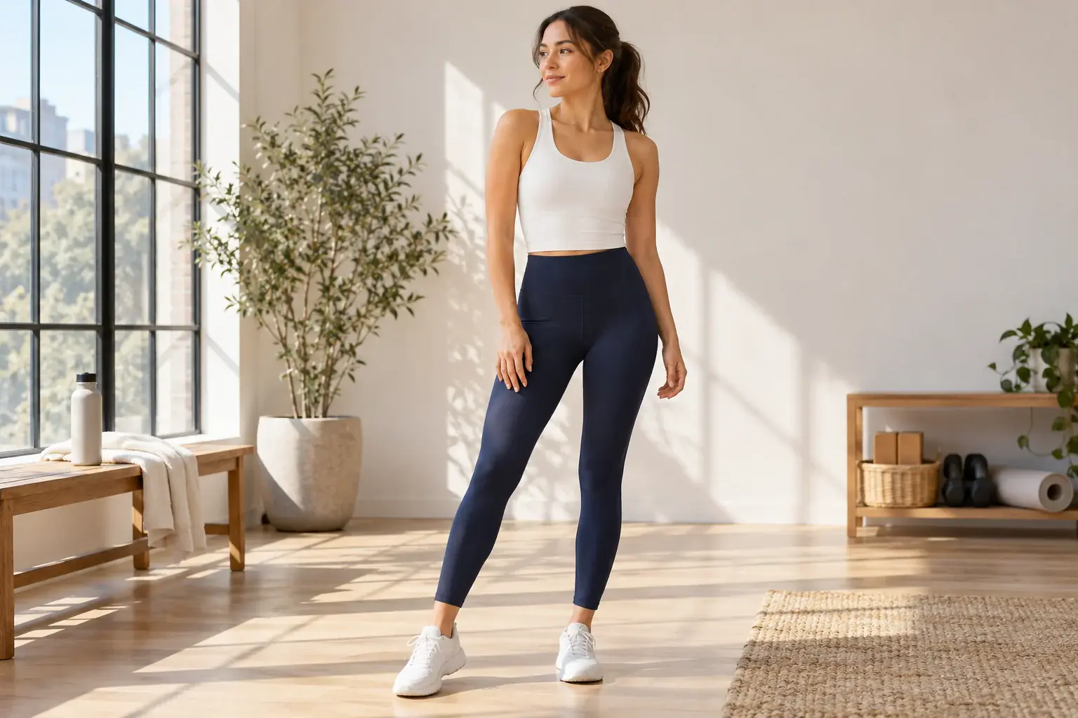 Woman wearing navy leggings and a white tank