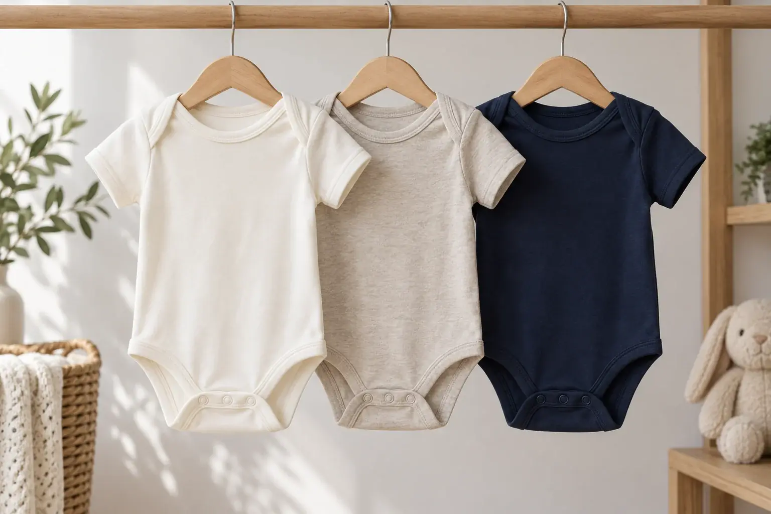 Baby bodysuits on hangers