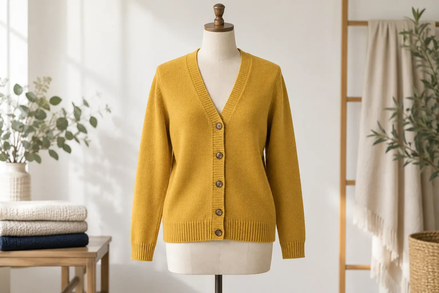 Mustard knitted cardigan on a dress form
