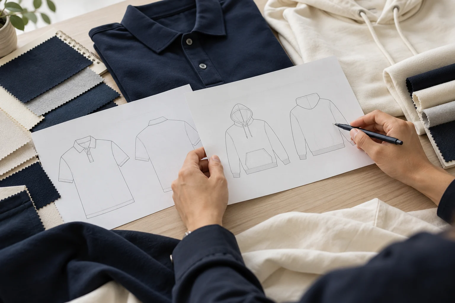 Designer sketches and fabric on a table