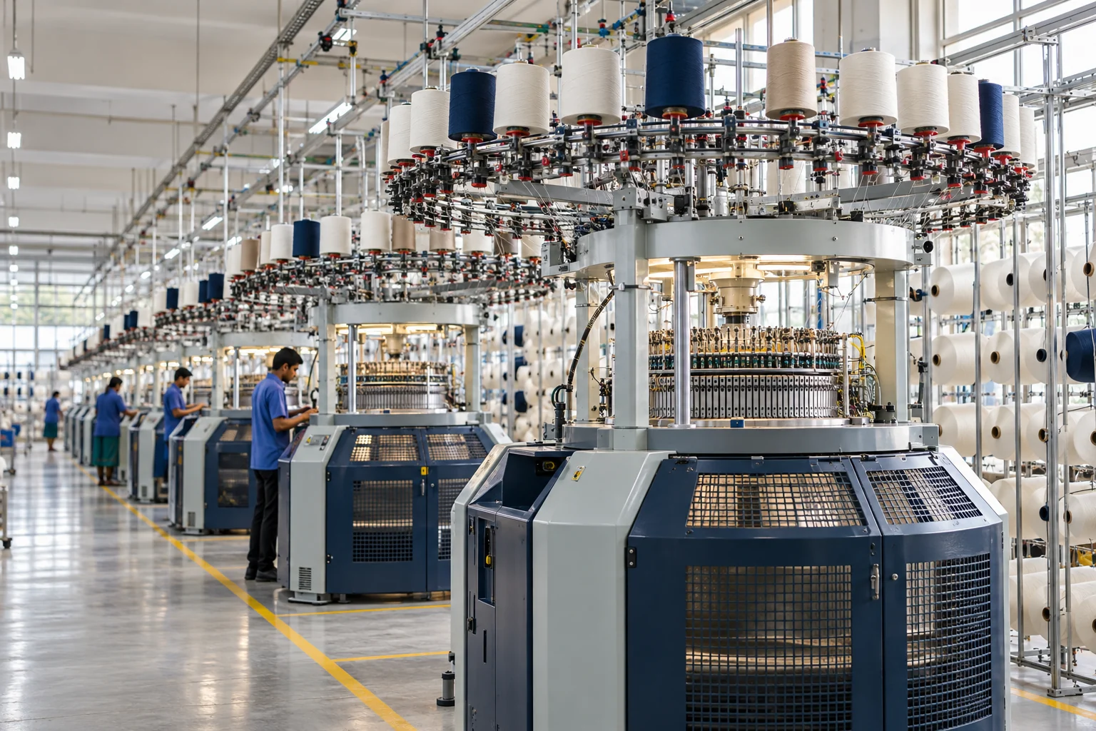 Row of knitting machines in a factory
