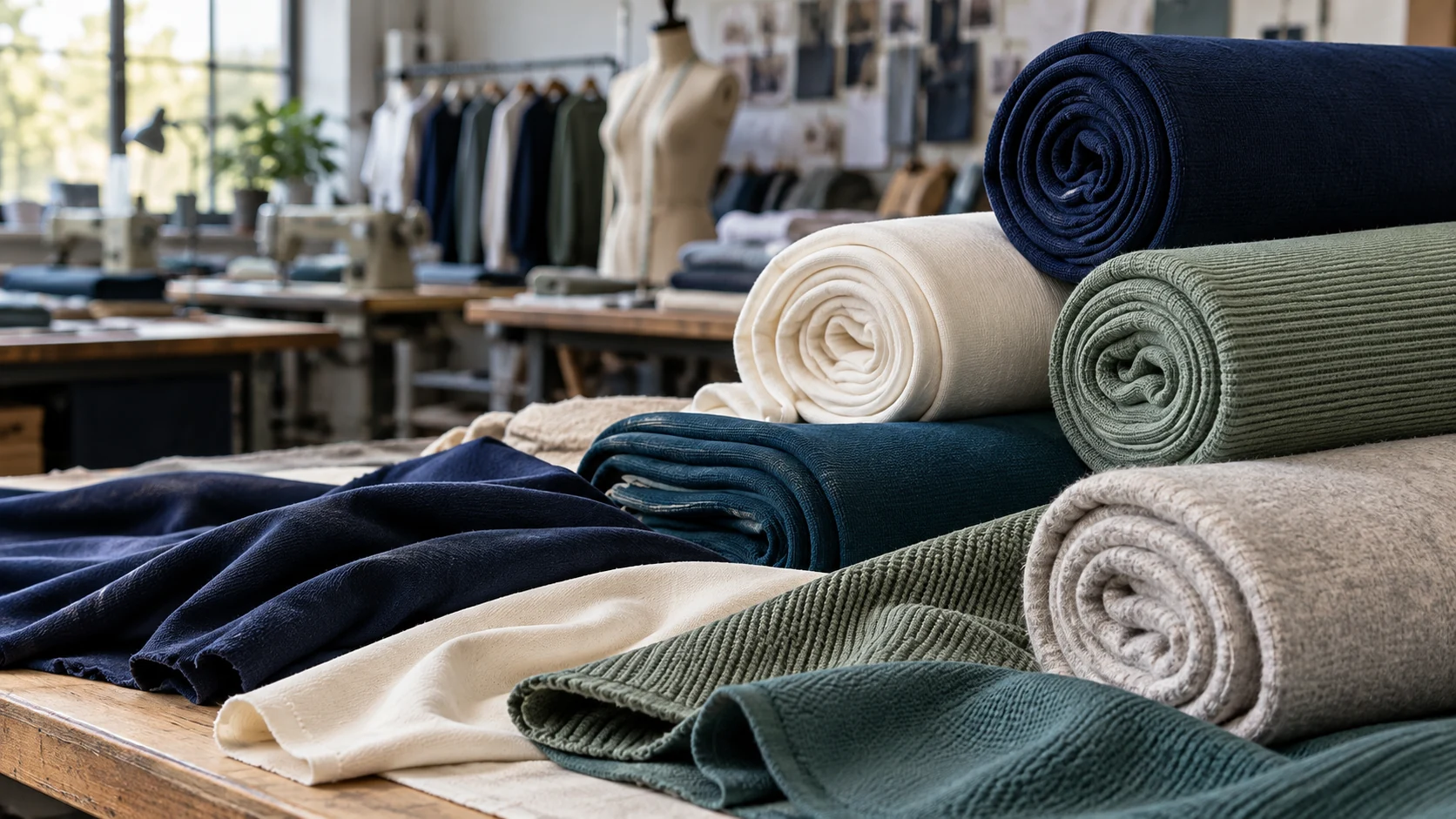 Rolls of dyed knit fabric in a Bangladesh knitwear factory