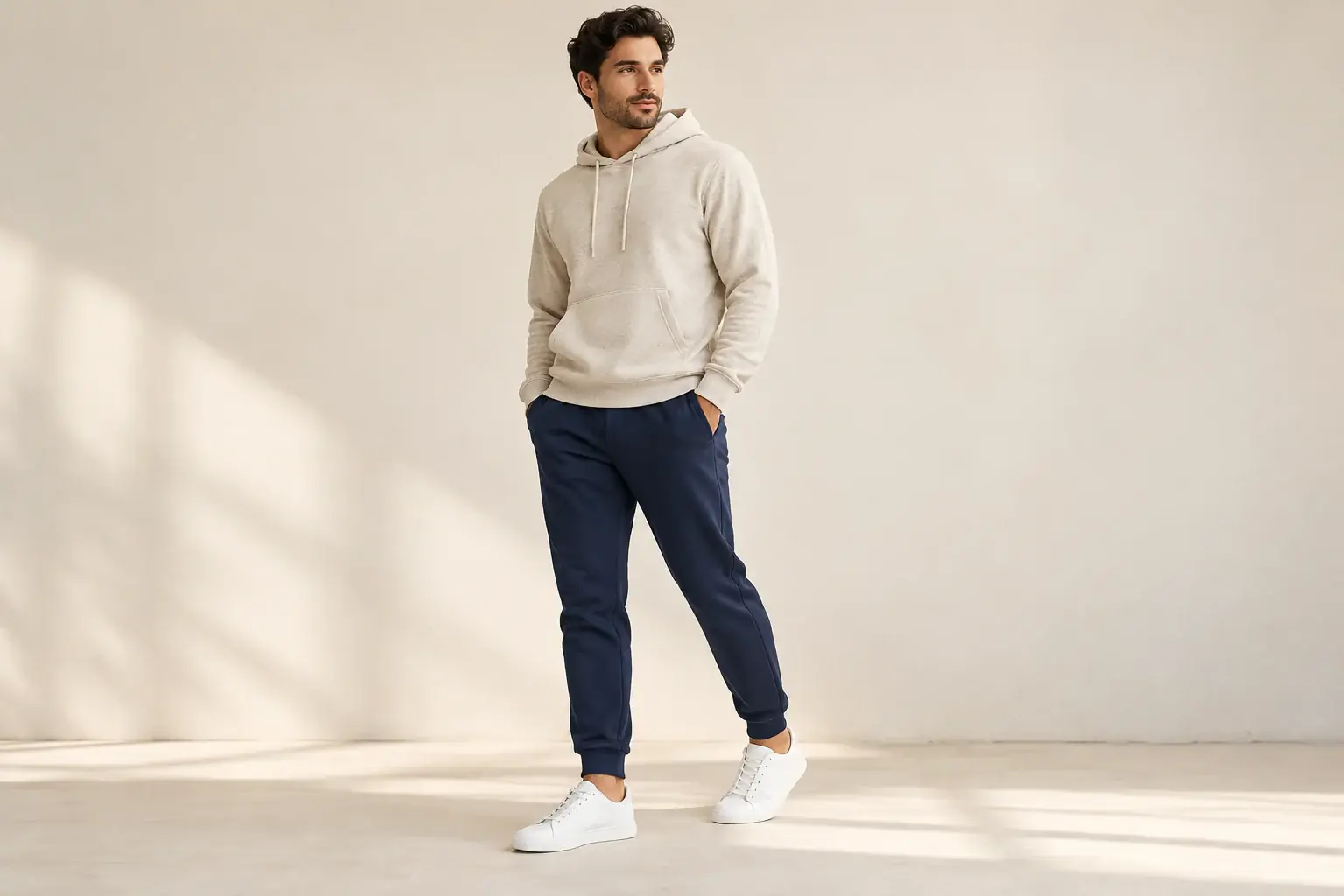 Man wearing an ivory hoodie and navy joggers