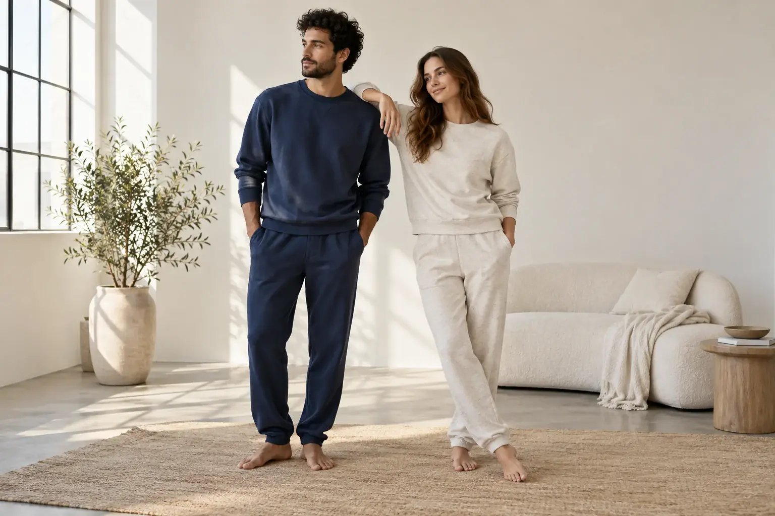 Couple wearing matching knit loungewear