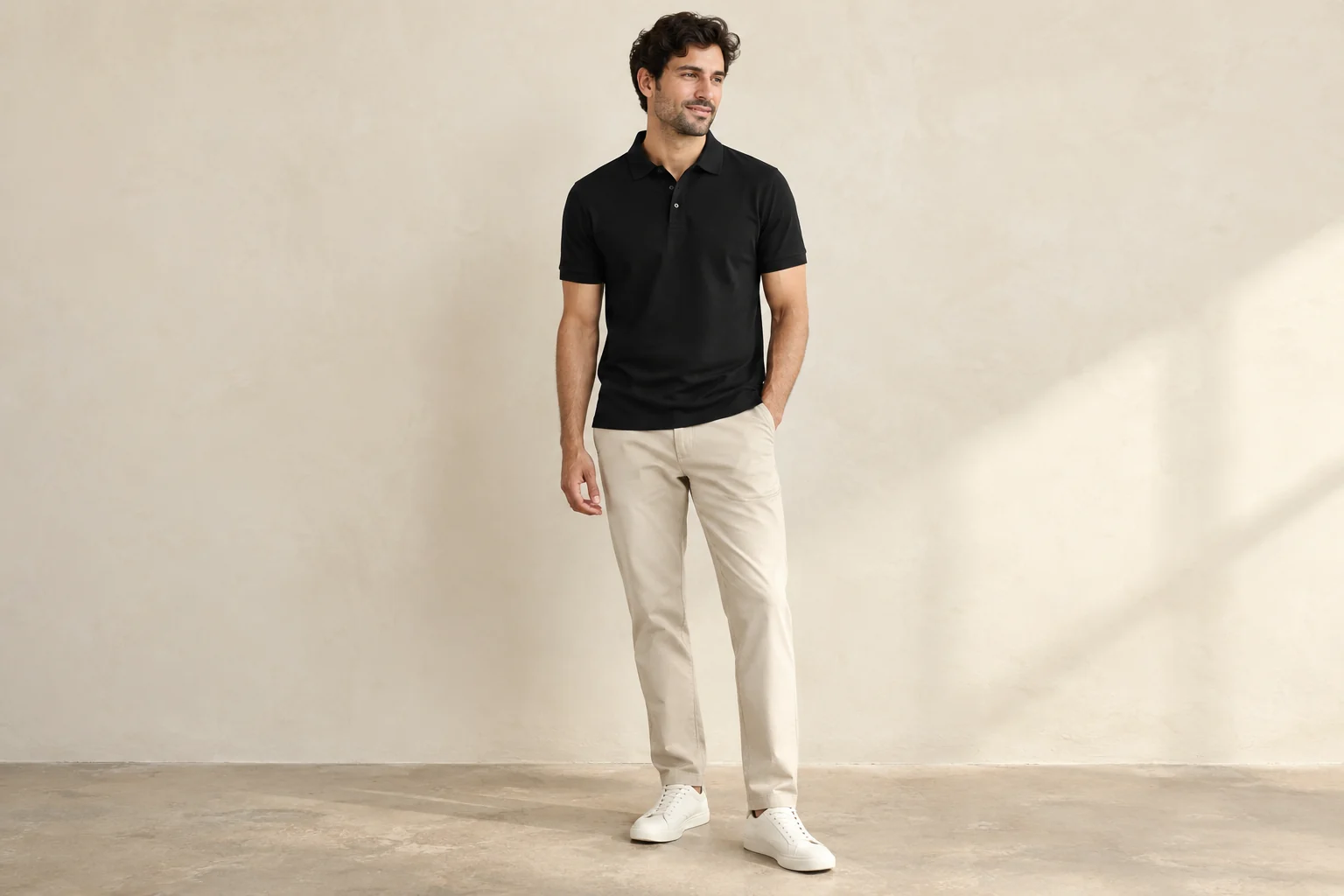 Man wearing a black polo shirt