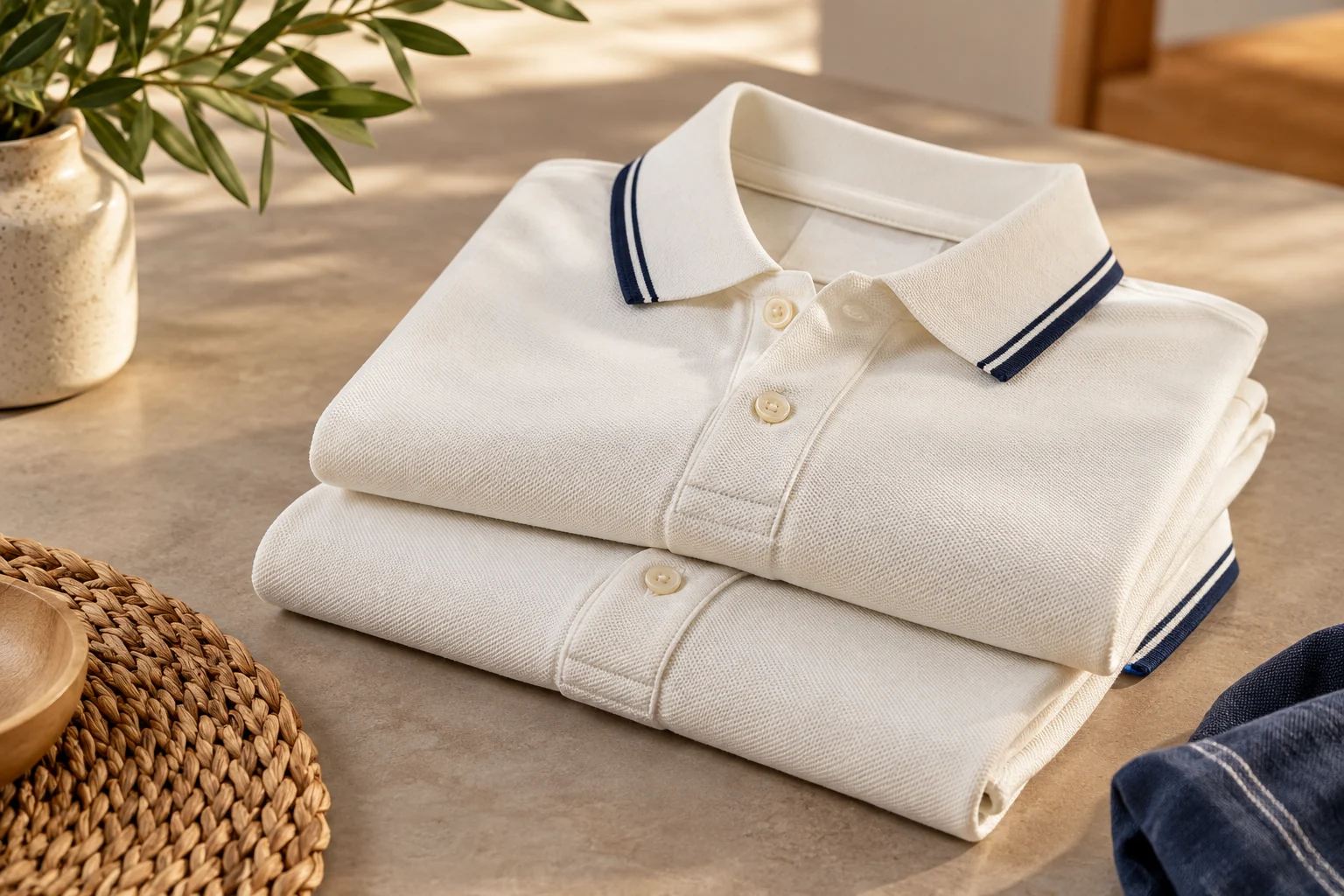 White polo shirts with blue tipped collars