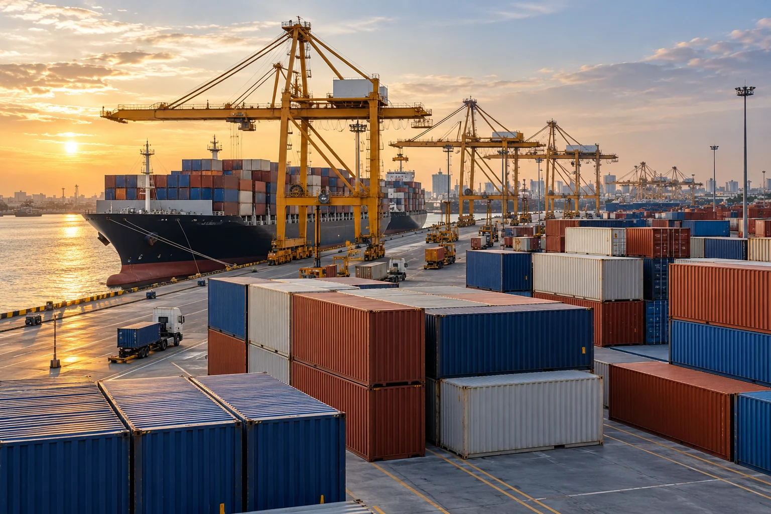Shipping containers stacked at a port