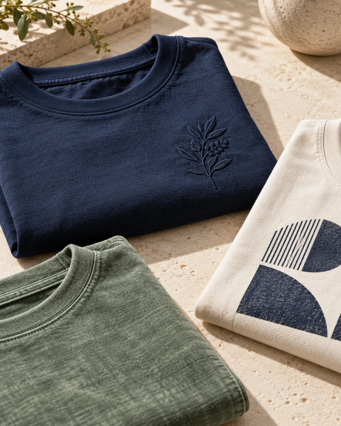 Printed embroidered and garment-dyed knitwear samples