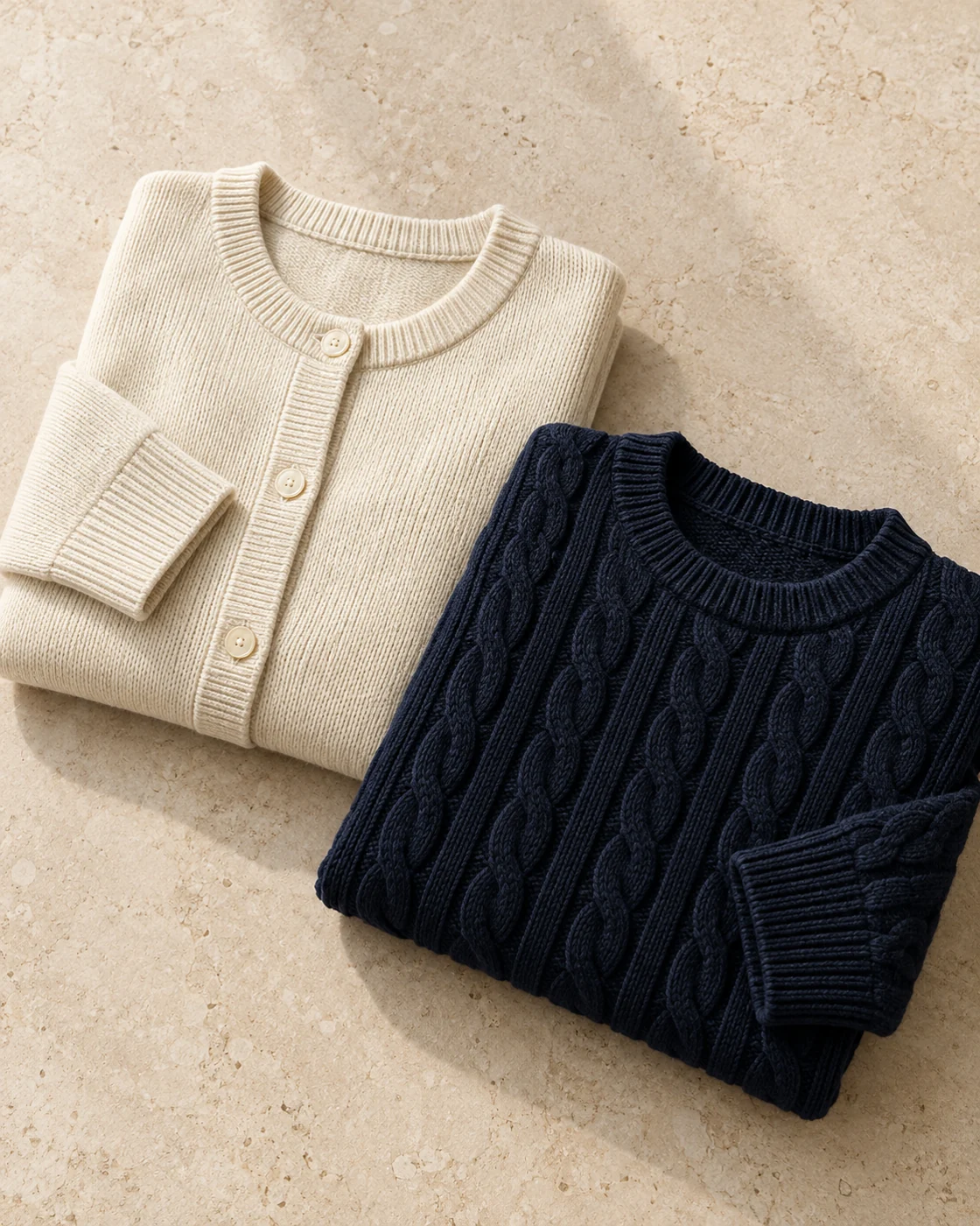 Folded ivory cardigan and navy cable knit sweater