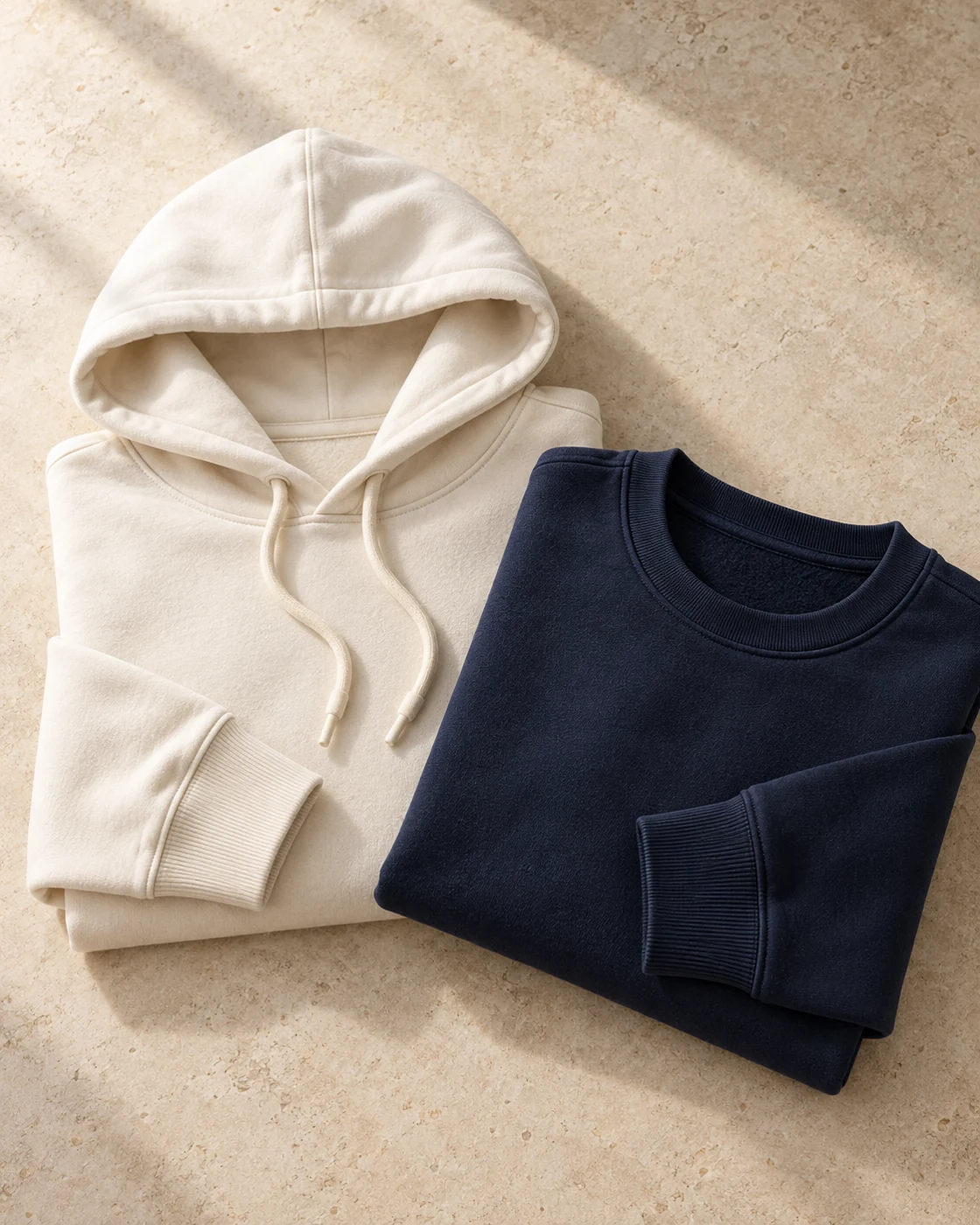 Folded ivory hoodie and navy sweatshirt
