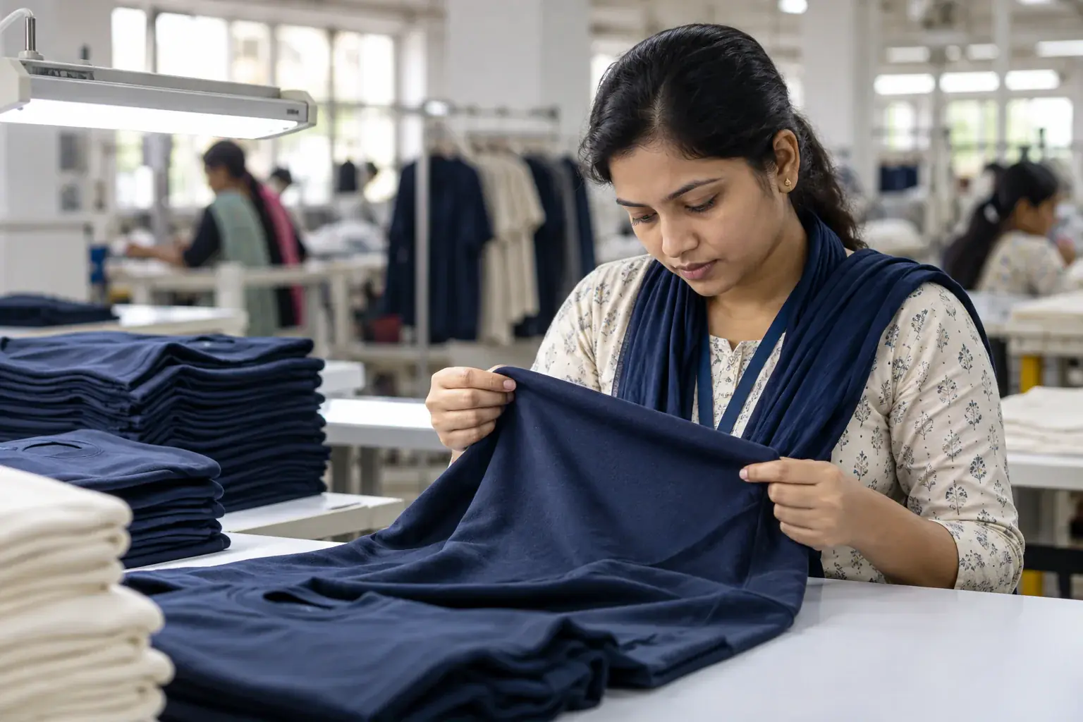 Inspector checking a navy knit garment